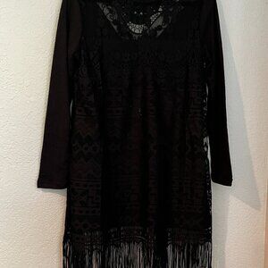 PRETTY ANGEL Large Sheer Black Linen Blend‎ Crochet Embellished Edgy Goth Dress